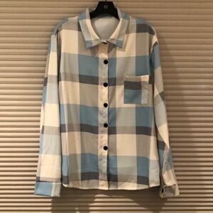 Older Boys Plaid Button front Flannel shirt! Ivory/Turq/gray! black buttons! XL